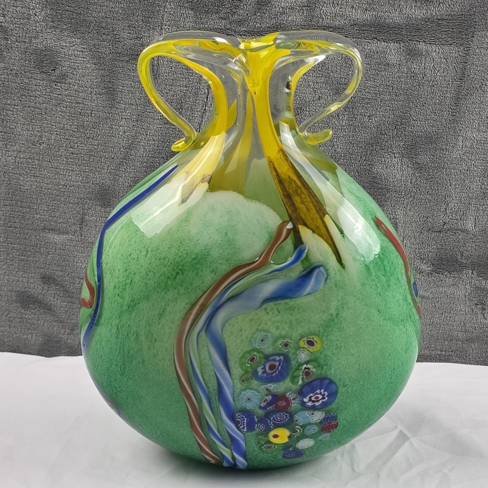 Murano Style Art Glass Vase Millefiori Yellow Green Double Handle Vase 11"